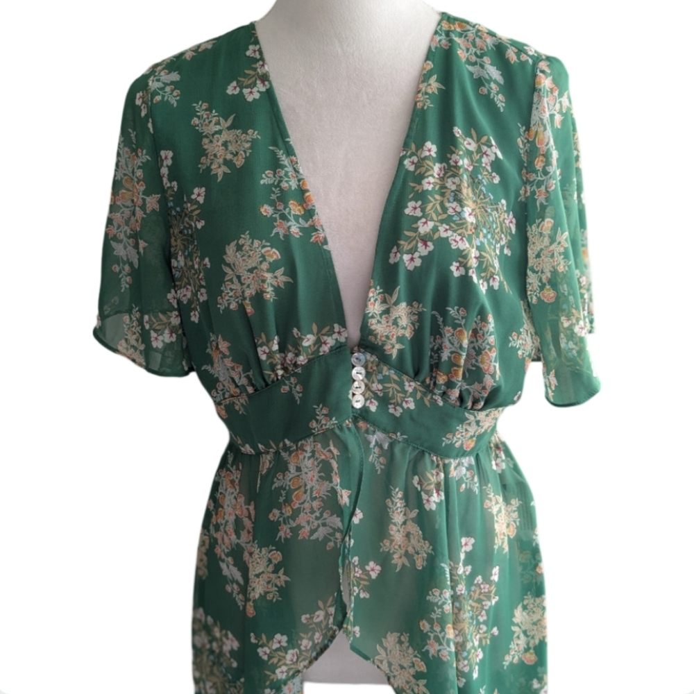 Revolve J.O.A. Floral Maxi Duster Kimono Romantic Deep V Green L - Picture 10 of 12
